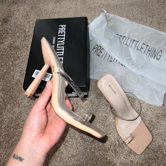 PrettyLittleThing Nude Square Toe Clear Strap Heels Mules Slip On Size 6 - Picture 6 of 13